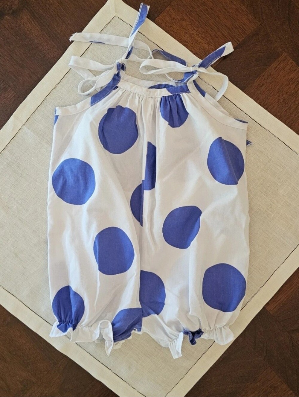 Boutique Kelly's Kids Girls White & Blue Bubble Romper Polka-Dot Tie-up Straps 2